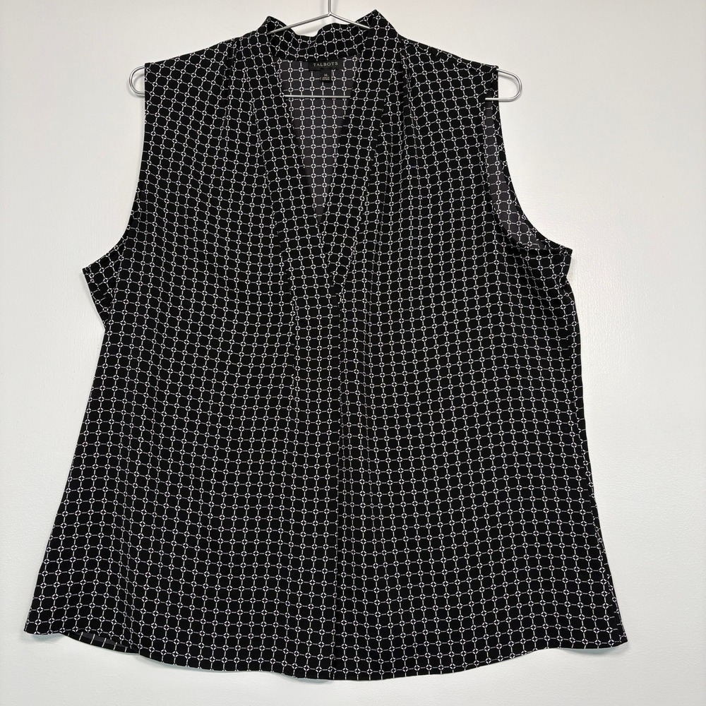 Talbots‎ Women Blouse XL Black White Geometric Tile Print Sleeveless V-Neck Top